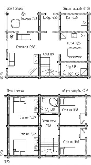 План двухэтажного дома 129 м2