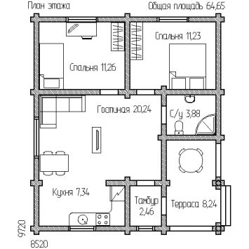 План Дом 64 (Одноэтажный дом с двумя спальнями для постоянного проживания, вместительная терраса для уличных посиделок)
