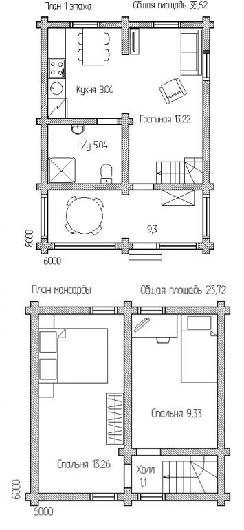 План Дачный дом 61 (Аккуратный двухэтажный дом с гостиной, кухней, санузелом и верандой, на втором этаже две уютные спальни)