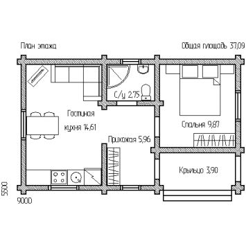План дома с гостиной, кухней и санузлом