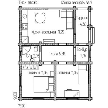 План Дом 57 (Небольшой дом с двумя небольшими спальнями, кухней и гостиной, объединенными в одно помещение)