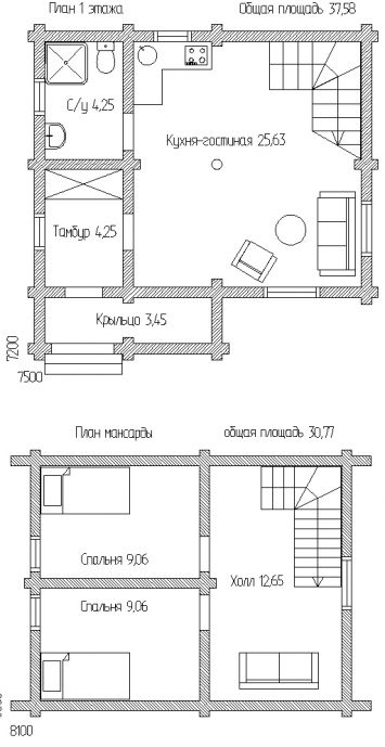 План Дом 68 (Удачный проект загородного дома с просторной 25-метровой зоной отдыха)