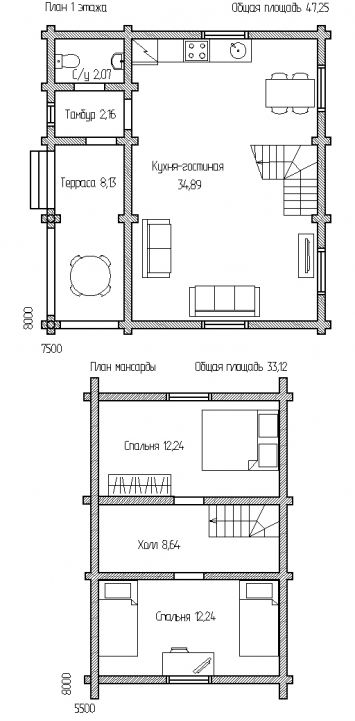 План Дом 82 (Загородный дом с просторной 34-метровой зоной отдыха, террасой, тамбуром и небольшим санузлом, на мансарде две спальни и холл)