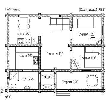 План одноэтажного дома с сауной 55 м2